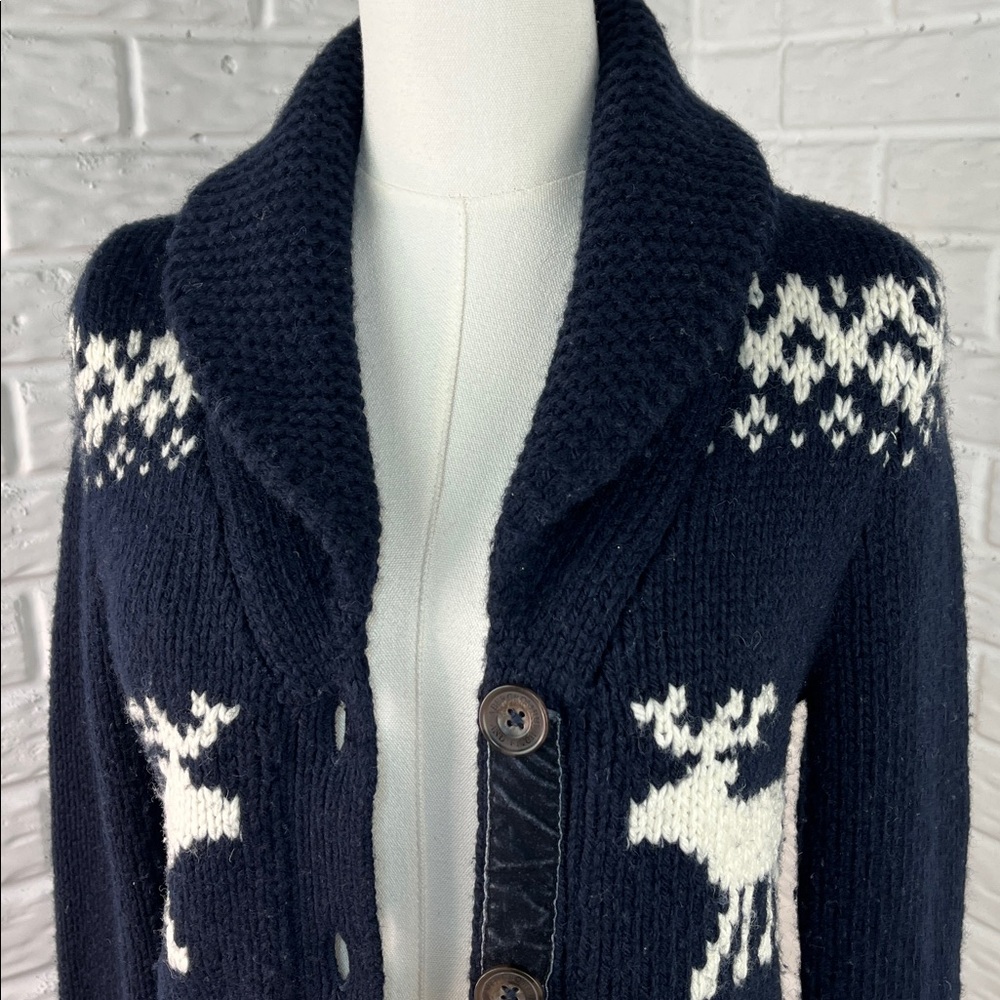 ABERCROMBIE & FITCH FAIR ISLE KNIT CARDIGAN MOOSE WOOL BLEND VELVET NAVY SZ MED - Picture 4 of 15